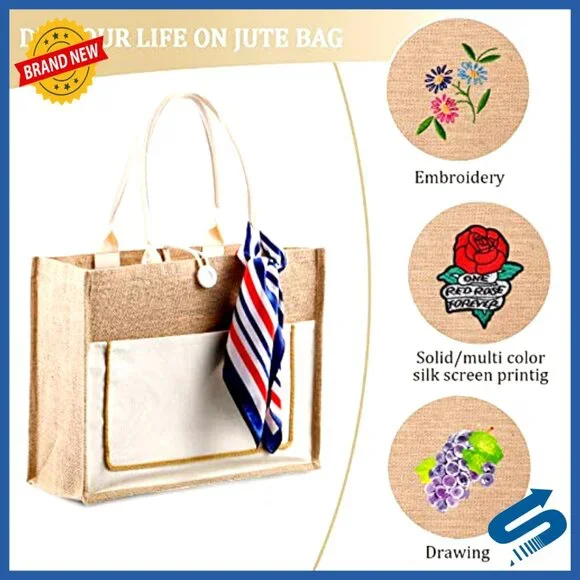 Large Jute Tote Bags Reusable Canvas Grocery Shopping Travel Gift